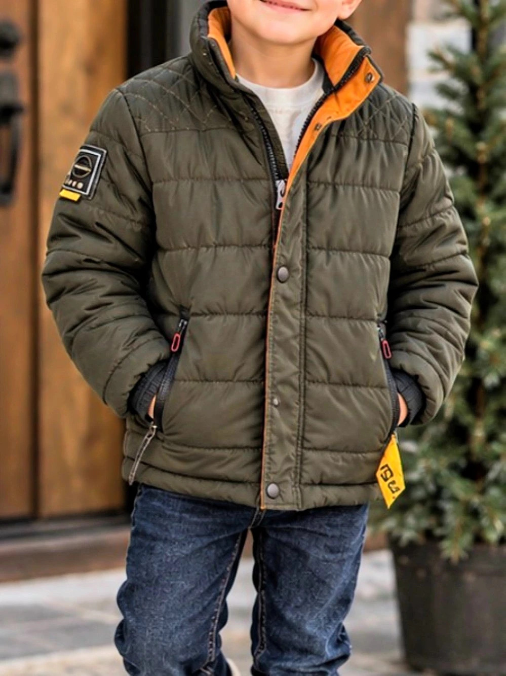 Moeino Kids Puffer Winter Jacket Olive Green & Orange Boys 5